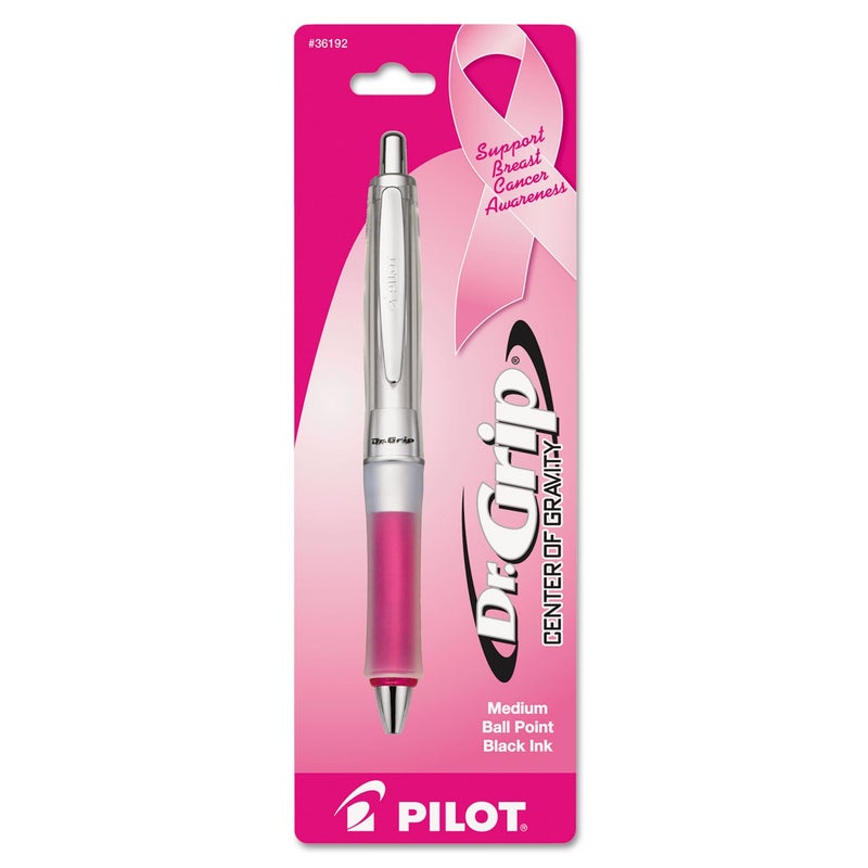 PILOT Dr. Grip Center of Gravity - Breast Cancer Awareness Refillable & Retractable Ballpoint Pen, Medium Point, Silver/Pink Barrel, Black Ink, Single Pen (36192) - Image 1
